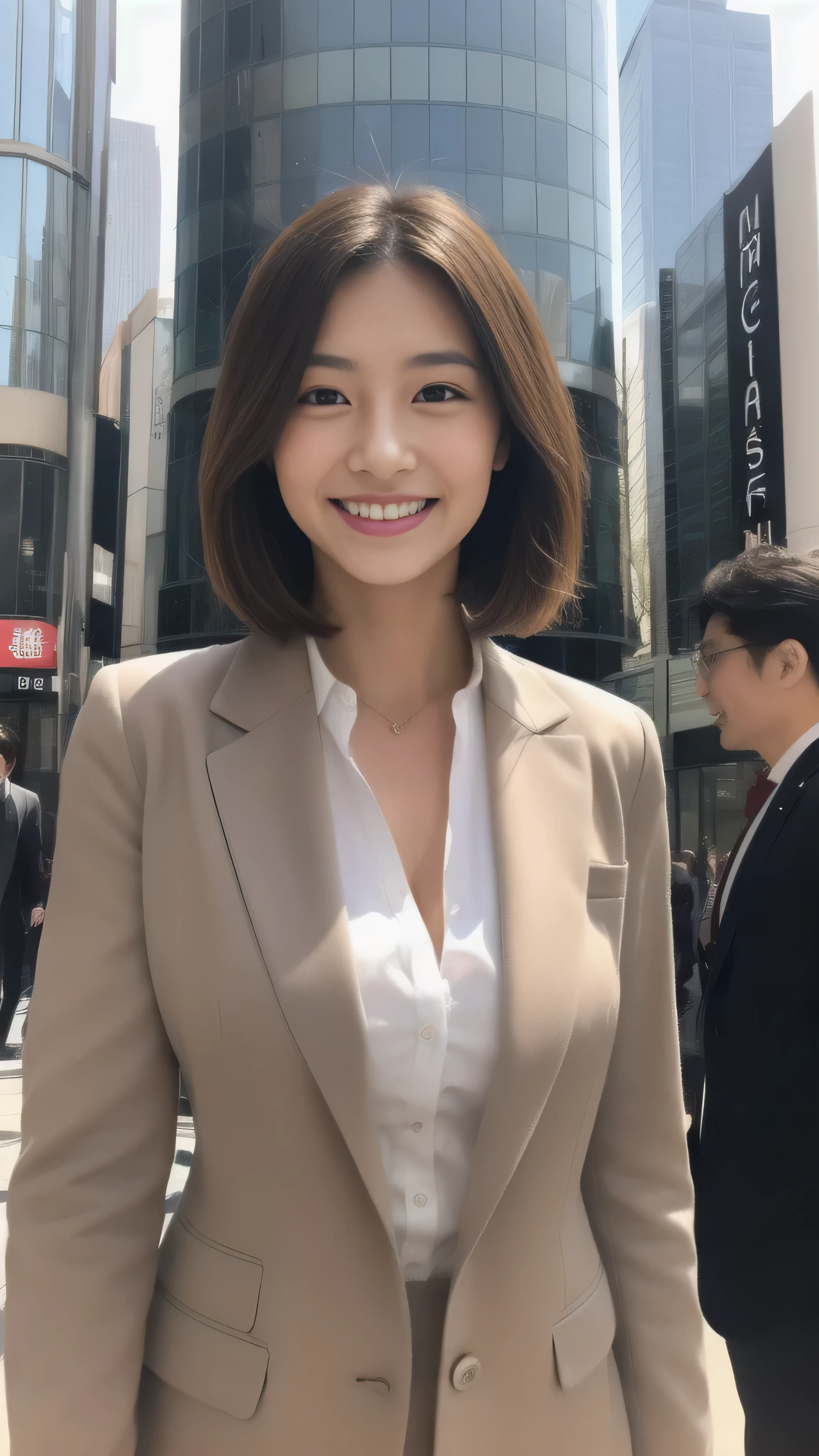 Hostess in Ginza、suit、high quality、Surreal、healthy、Smiling face、Slim and perfect figure、Japanese Beauty、Beautiful Eyes、Perfect Face、Beautiful Skin、Business district，skyscraper
