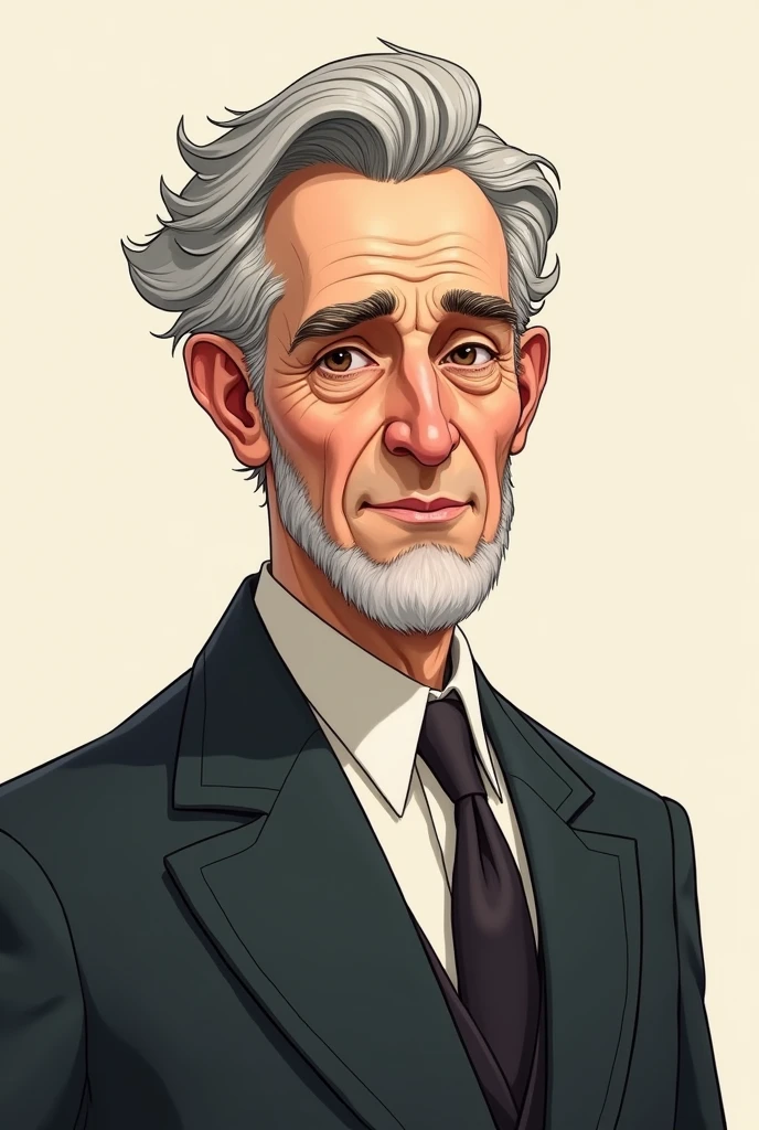 Imagine a man with gray hair, no beard or facial hair, dark skin, wearing a suit and brown eyes. . cute drawing 