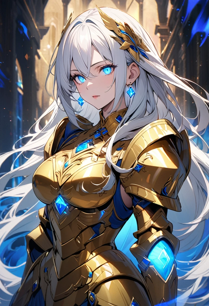 female, mature,  white hair, long hair, blue eyes, diamond earings, golden armor, beautiful color, beautiful eyes, beautiful background, blue aura, glowing eyes