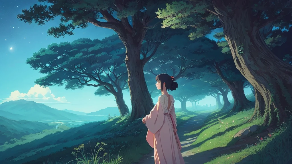 Ghibli style anime woman、nature、Ghibli-style illustrations、night