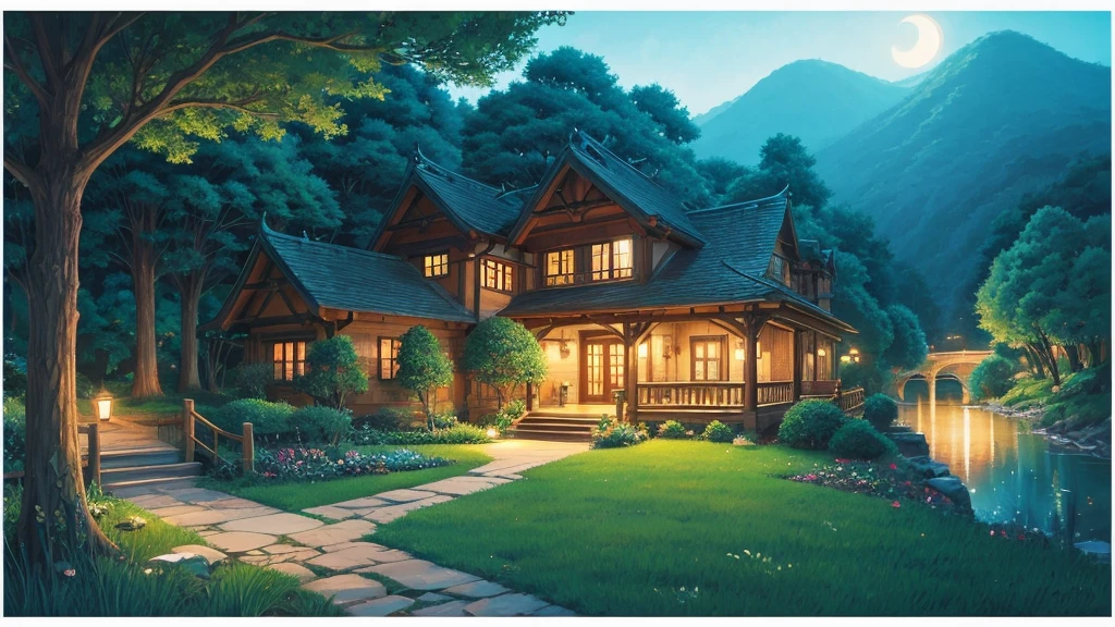 Ghibli style anime woman、nature、Ghibli-style illustrations、night