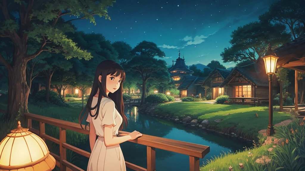 Ghibli style anime woman、nature、Ghibli-style illustrations、night