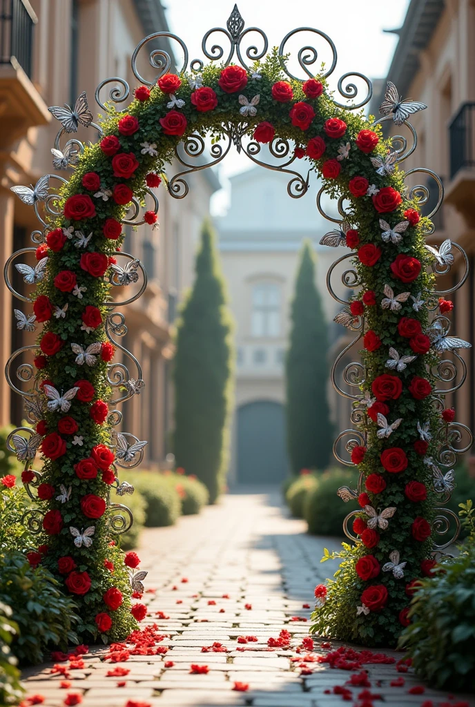 Silver invitation decoration arch with red flower vine and silver butterflies