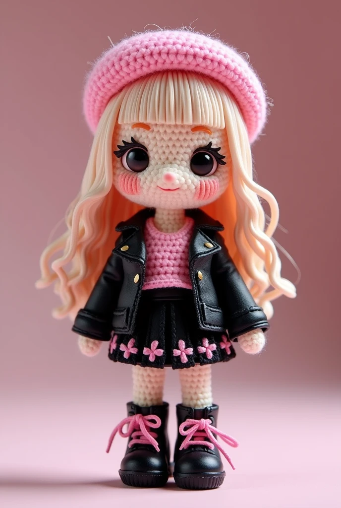 amigurumi,chibi-style,  Rosé from Blackpink, with her long, ash-blonde hair styled in soft, loose waves that fall to her waist. She’s wearing a chic pink top with a black leather jacket draped over her shoulders, paired with a black pleated skirt with pink details. She has a cute pink beret tilted to one side of her head. She stands confidently, wearing black combat boots with pink laces, radiating her cool and artistic charm.