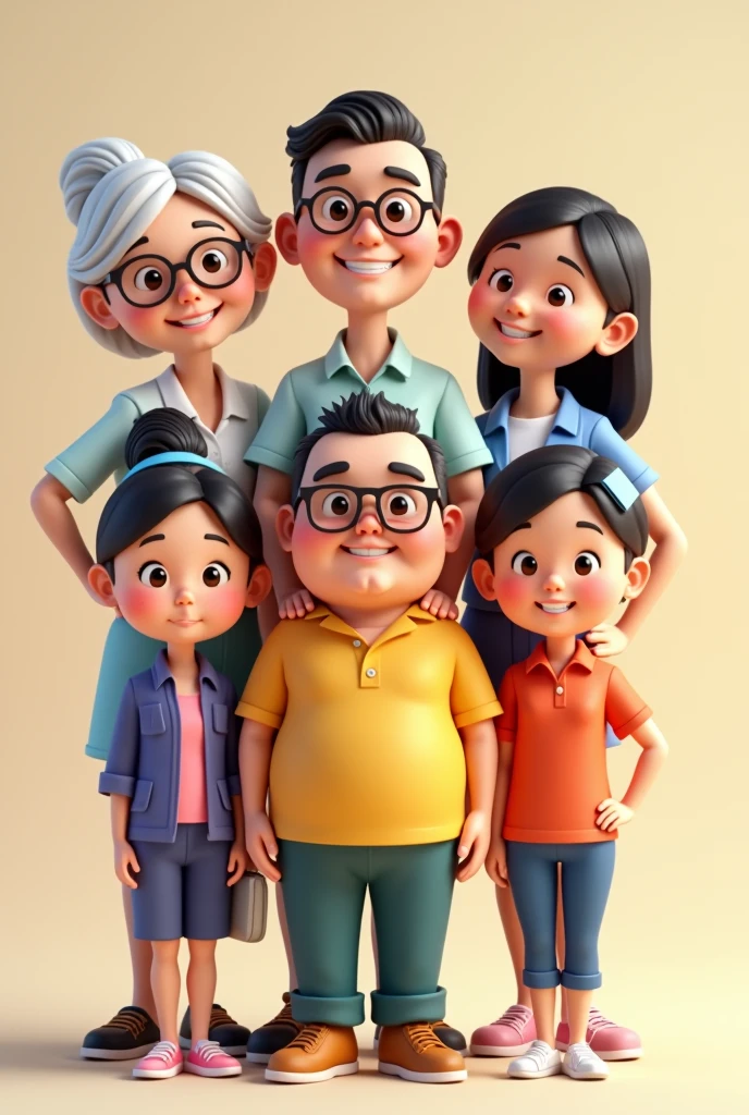 Create a 3D cartoon-style image featuring 7 distinct characters, each with unique physical traits and outfits.
1. **Character 1**: A 60-year-old woman with a round face and short white hair in a crew cut. She has a plump figure, wears glasses, and has a cheerful smile showing all her teeth. She’s wearing a green traditional Thai-patterned shirt and black slacks. She has freckles on her face and is standing casually while flashing a peace sign with both hands.
2. **Character 2**: A cute 40-year-old woman with a round face, slim build, and long straight hair. She is dressed in a pink dress and is standing with one hand on her hip, exuding confidence.
3. **Character 3**: A 3 man with a square face and short hair in a crew cut. He has a darker complexion, wears glasses, and has a warm smile showing his teeth. He’s dressed in a gray collared shirt and black pants, standing in a relaxed pose.
4. **Character 4**: A 3 woman with an oval face, slim build, and a mole next to her right nostril. She has a darker complexion and is wearing a purple collared shirt and black pants. She is standing casually with a peace sign.
5. **Character 5**: A cute 40-year-old woman with a round face, chubby figure, and straight long hair. She has freckles on her face and a bright smile showing all her teeth. She is dressed in a floral blue dress and is standing comfortably.
6. **Character 6**: A 2 woman with a round face, cute appearance, and glasses. She has a chubby figure and a wide smile showing her teeth. She is wearing a heart-patterned dress and is posing in a cute manner.
7. **Character 7**: A woman with a square face, shoulder-length hair pinned back with a blue clip, and wearing a traditional Thai government official uniform. She has a bright smile showing all her teeth and is standing in the center of the image with her arms crossed.
The background should be neutral, allowing the focus to remain on the characters and their expressions, with vibrant colors and playful cartoon