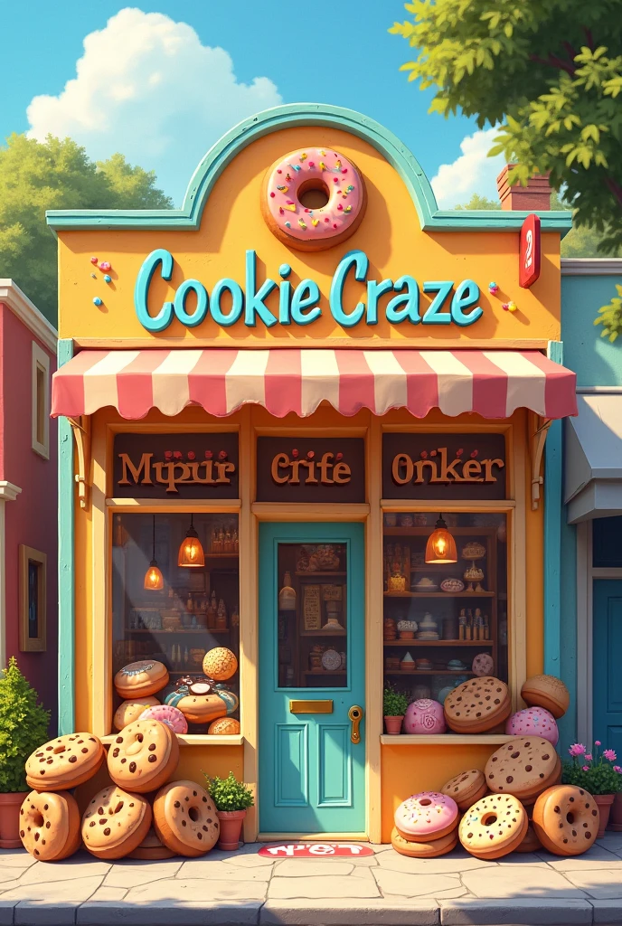 Give me exterior design like aesthetic, the name of shot is cookie craze and the shop is small and need 20 person of customers