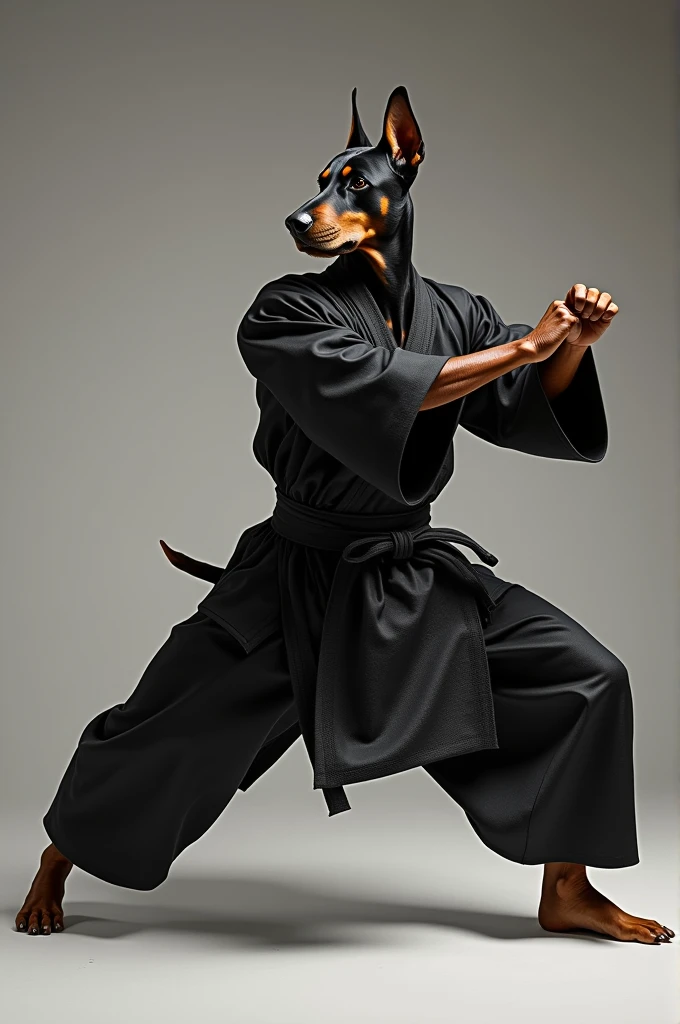 A Doberman. Wearing a Kendo Uniform Set Aikido Samurai Hakama Martial Arts Clothing Suit Hakama. Doing a kung-fu pose.
