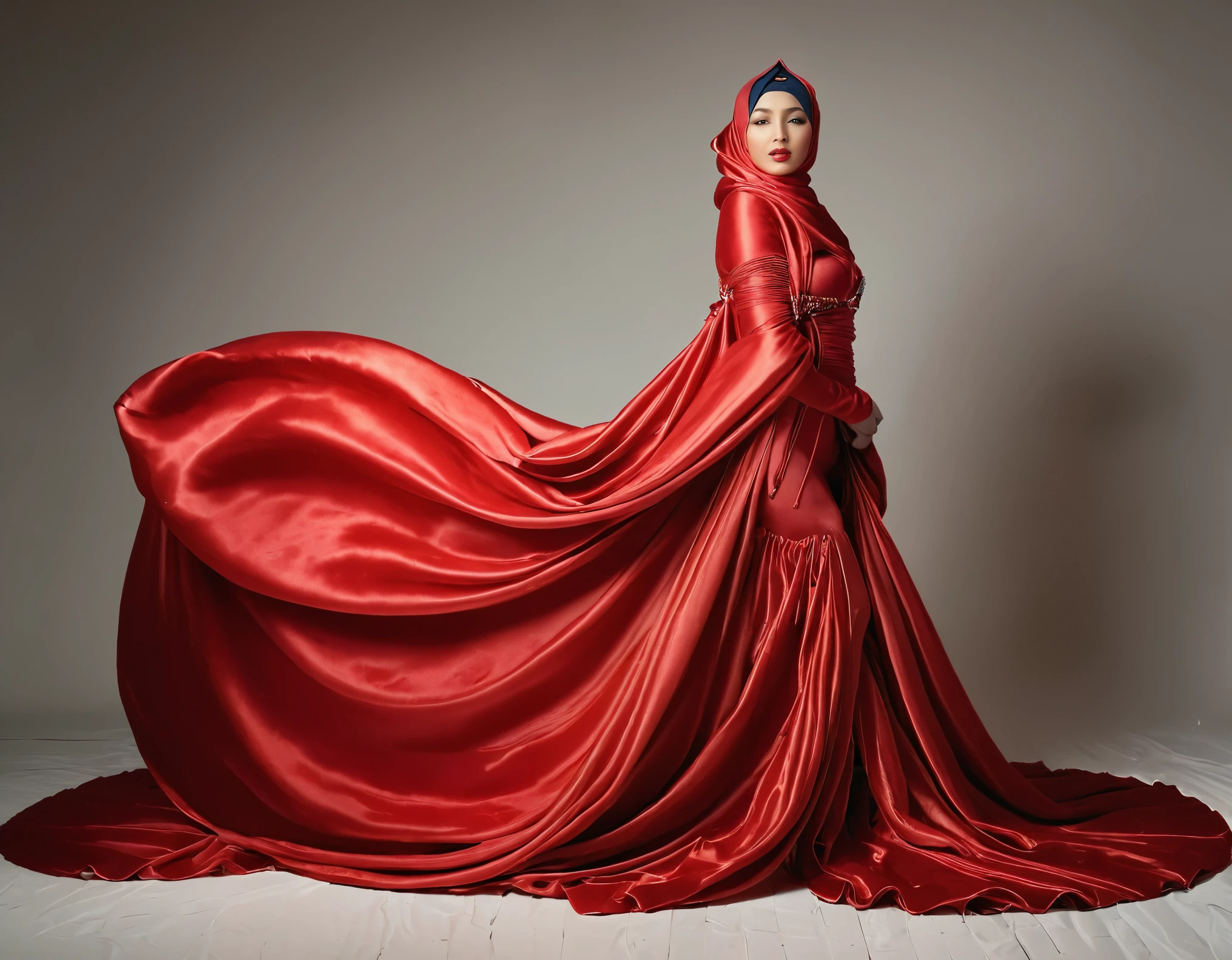 A woman shrouded in a 10-meter-long, plush red satin cloth, tightly bound and grandly draping along the form of her body, flowing off into a pooled floor-length train, styled in a mermaid-inspired outfit, her head modestly veiled in a satin hijab, tall woman, in photo studio, a full-body pose conveying a sense of elegance, captured in a 4k resolution, ultra-realistic