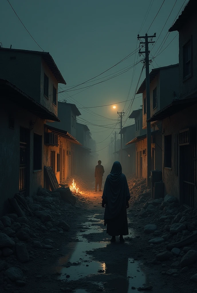 Create a dark and somber scene depicting the tragic events of the 1986 Aligarh Colony massacre in Orangi Town, Karachi. The setting is a densely populated residential area at night, with small houses closely packed together.