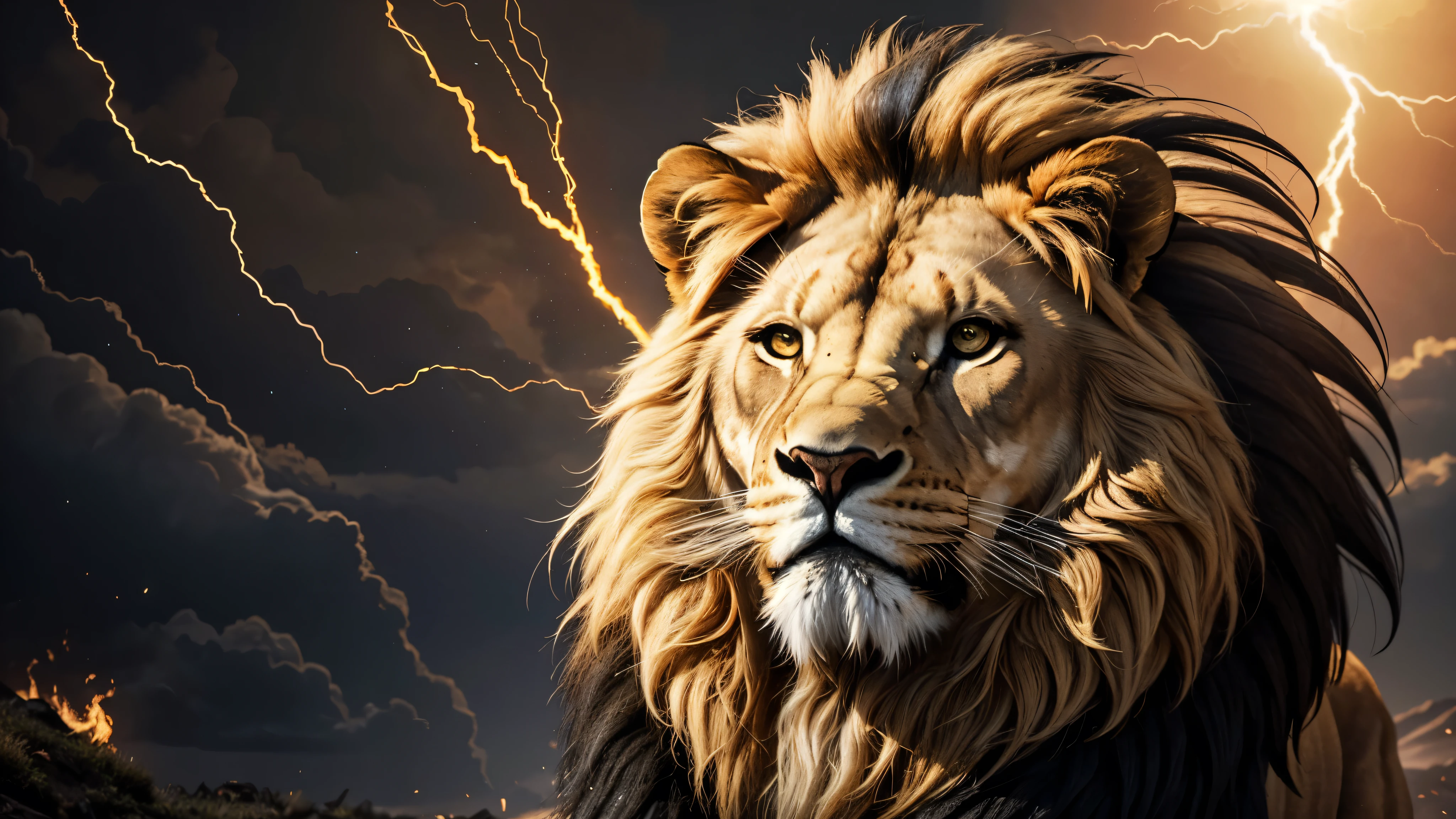 Lion, Divine Lion, naturals, naturals, ferocious, masculine, mighty, golden lion, Powerful Lion, beautiful nature, Great Realistic Lion, FullHD 8k, Light of sky, twilight, ferocious, Criatura ferocious, furious lion, Detailed Realistic Lion, Ultra Realistic HD Light, Photorealistic Detailed Shadows, UltraHD Photorealistic Definition, sunset night, Clear sky Sun, golden black, black andwhite, black and gold, detailed realistic face, 8k Detailed Realistic White Lion, ultrarealistic 8k |Energia de thunder realista detalhada, Strong Creature realista detalhada, Strong Creature, Lion macho, Rendering, Fotorrealista 8k, UltraHD Alta definição 8k, Detailed Realistic 16k, Nitidez Fotorrealista 8k, 16K photorealistic textures, Contraste Fotorrealista 8k, Sombras Fotorrealistas 8k, Luzes Fotorrealistas 8k, Detailed Realistic Sunset, Detailed Realistic Lion Face, Detailed realistic light, detailed textures, thunder, detailed shadows, detailed colors, Celestial Electricity, Golden thunder, Lion realista, Ultra Realistic 16k, Realistic 16k, Realistic 16k sharpness, 16K photorealistic textures, 16K realistic colors, powerful creature, Majestic power, Power of Heaven, Great Divine, detailed contrast, realistic contrast, high resolution, detailed colors, fire, villany, divine creature, 8k, realistic detailed, 16K, 8k, High definition, detailed contrast, realistic contrast, high resolution, detailed colors, fire, villany, divine creature, realistic detailed, posh, chic