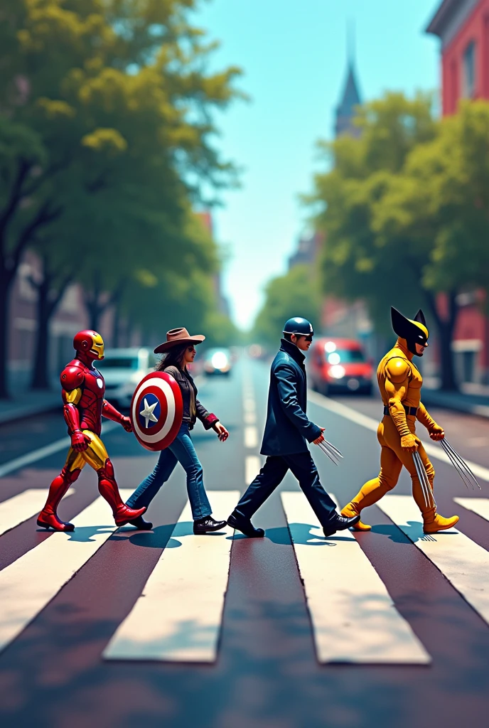 Crosswalk like the album cover Abby rose, and they walk across Ironman, captain America, loki and wolverine