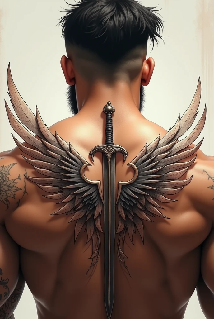 Man back tattoo small Angel wings with swords