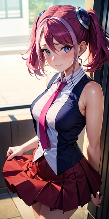 1 Female,High definition,high resolution,Ultra-realistic,8K, hy1, hair ornament, multicolored hair, blue eyes,necktie,pink skirt,tight skirt, miniskirt ,sleeveless, school uniform, jewelry,European,sexy,Upper body close-up,Photographed from the front,Dynamic Angles,blush, medium tits, happy, wink the eye,facial, sweat,multicolored hair ,(wide thighs:1.4),(black panties),(show panties),(spread legs),(open panties),(show pussy),(open pussy)