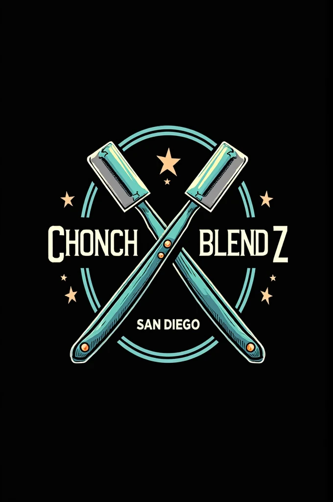Create a flat vector, illustrative-style emblem logo design for a San Diego urban barber 'ChonchBlendz' established in 2020 , featuring a modern straight razors crossed in the center of the company name. Use neon green, blue, grey and white colors to convey trust, premium service and a luxury experience against a black background. English