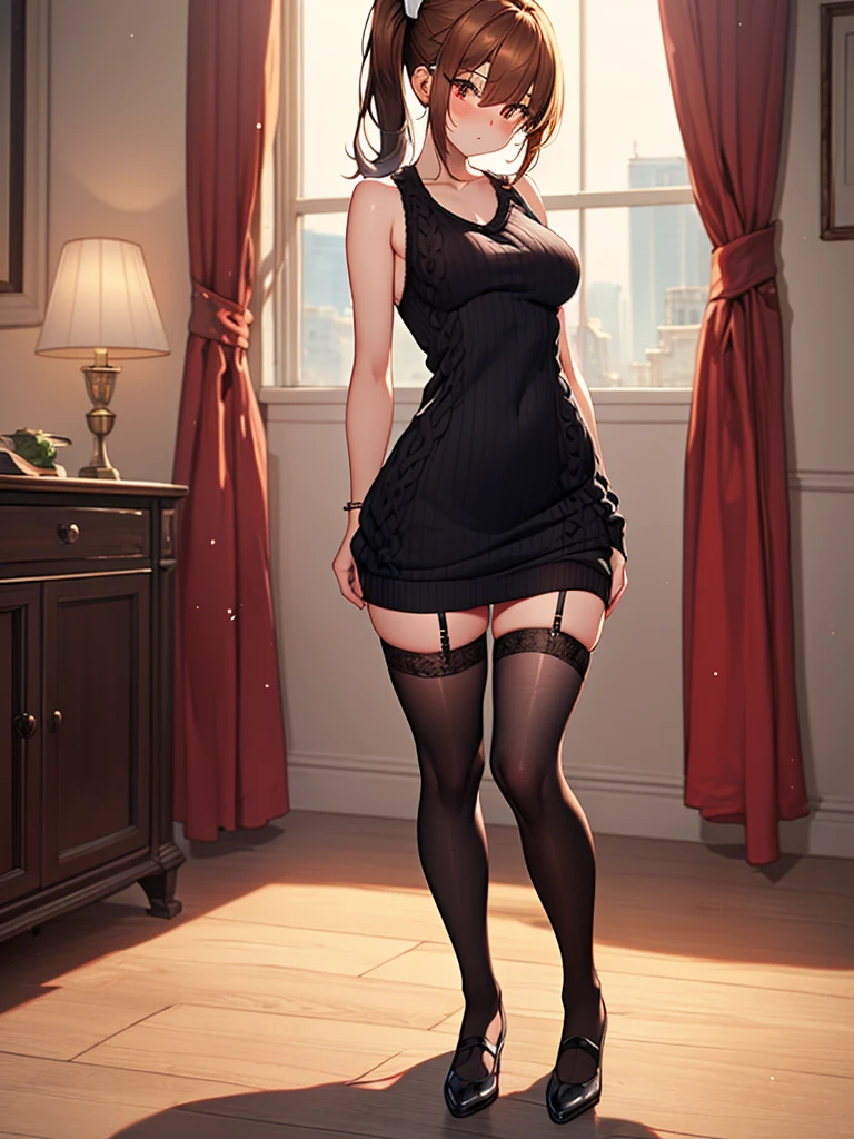 (highest quality, High resolution, perfect pixel, Depth of bounds written, 4K), bed, (full body), detailed eyes, (2 girl), perfect body, large breasts, brown hair, (side ponytail:1.2), (red:1.2), (virgin killer sweater dress), (sleeveless), bare back, (black knee-length black stockings:1.3), (standing), blush,