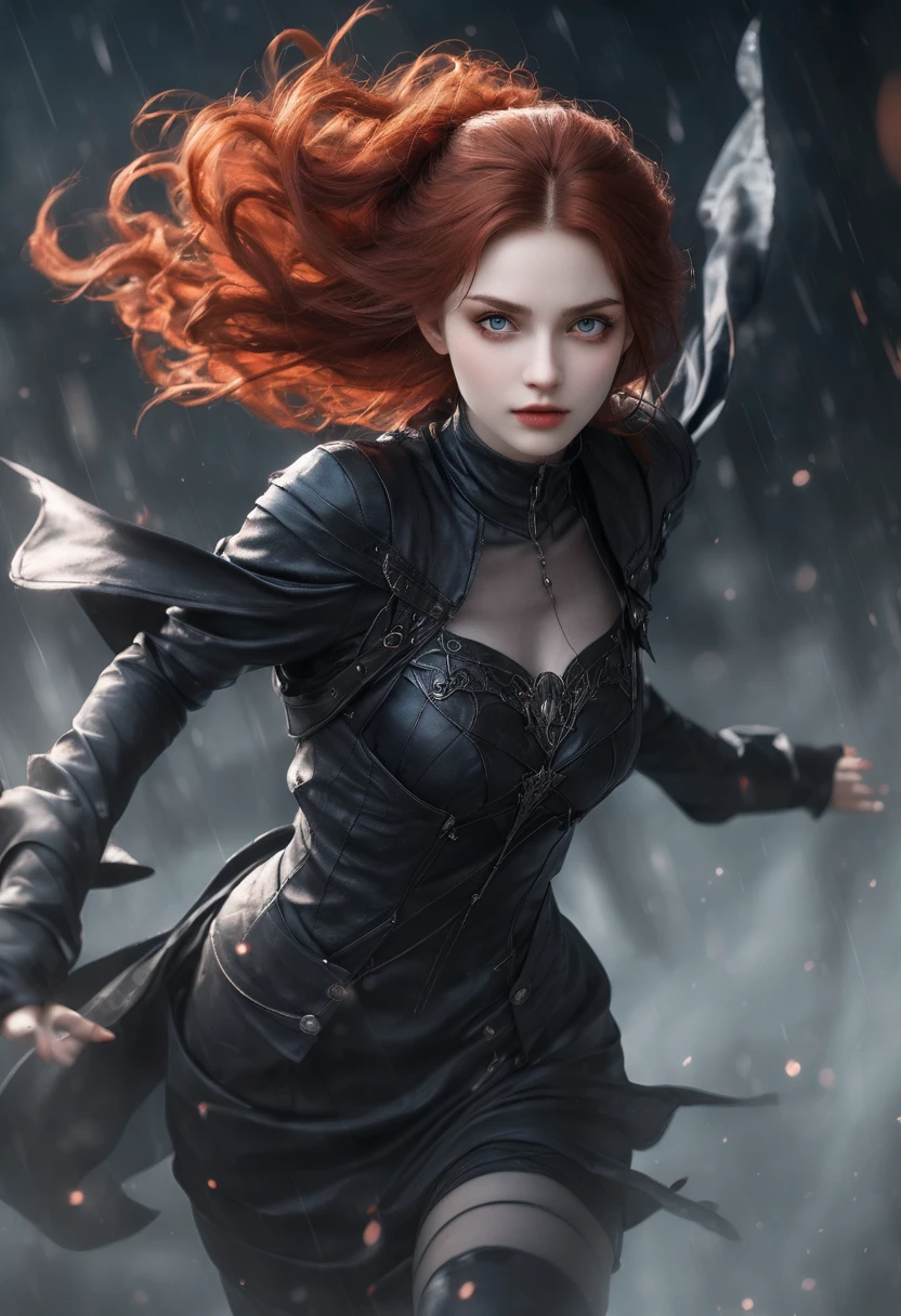 very young vampire princess,, breathtakingly beautiful, deep blue eyes, Red hair,(best qualityer,4K,8k,high resolution,work of art:1.2),ultra detali,(realisitic,photorealisitic,photo-realisitic:1.37, raw quality),softly glowing pale skin,pure blood,porcelain complexion,elegant and refined features,funny posture,dark and mysterious atmosphere,gothic fashion,black flowing lace dress,touch of red in your clothes,delicate silver jewelry with ruby details,subtle smile, but captivating,slightly pointed canines,translucent wings that resemble bat wings,subtle shimmering effect on their wings,gardens full of blooming blood roses,bright red petals contrasting with the darkness,enchanting moonlit night,dark and eerily beautiful castle in the background,splashes of moonlight illuminating its ethereal beauty,dark shadows and dramatic lighting,icy gaze that freezes the heart of anyone who dares to look at her,air of authority and power,symbol of danger and fascination,night sky filled with swirling mist and twinkling stars,subtle color palette with deep blue tones,purple,and black,soft lighting with soft moonlight casting an ethereal glow,vibrant and elegant style,with a touch of darkness and mystery,portraits,fancy,horor,cementary