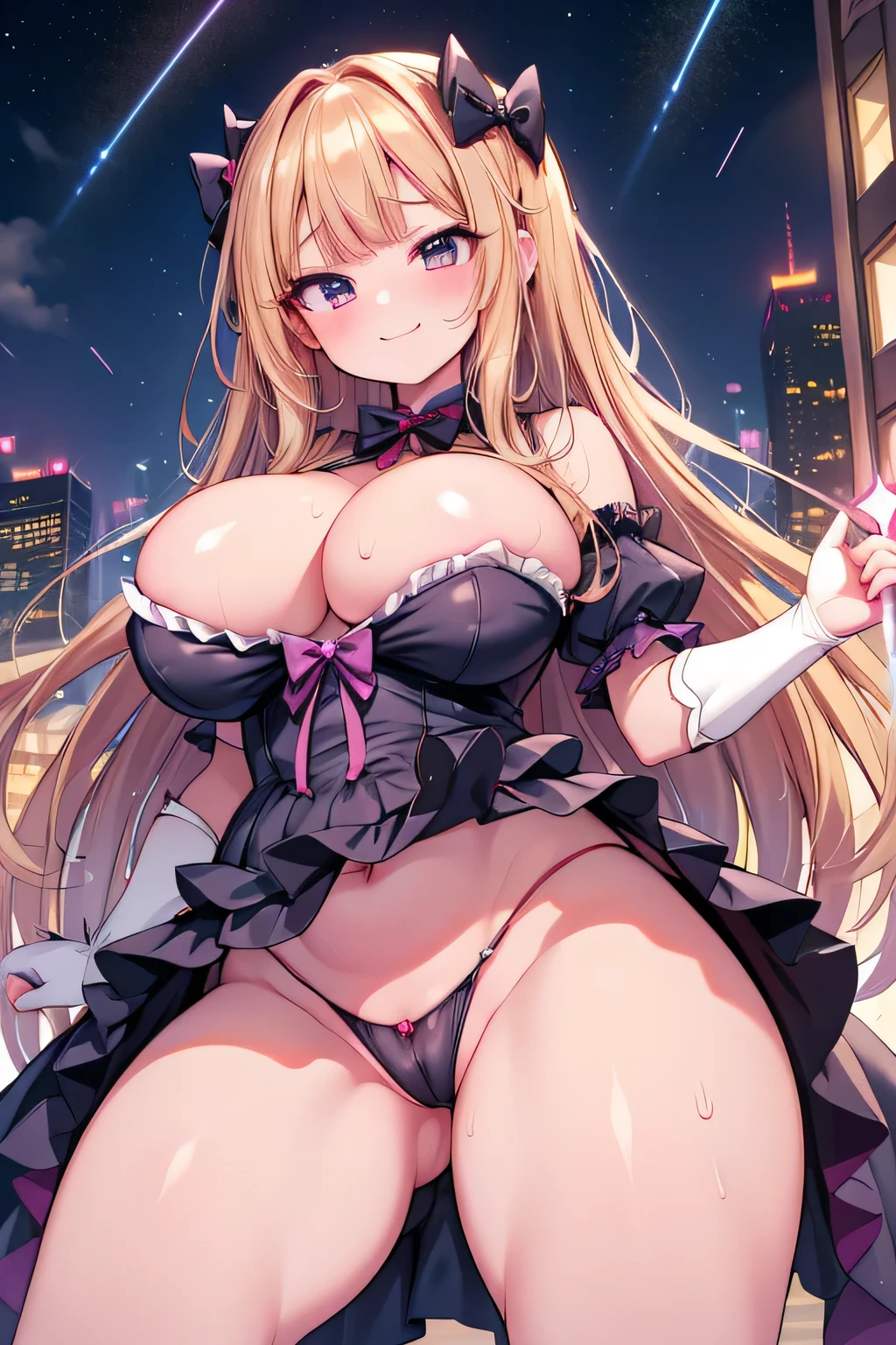 Hentai、High resolution、cruel smile、Her breasts are super big、Pretty Cure、Abigail Williams、An evil, plump magical girl spreads her legs with a magic wand on the rooftop of a high-rise building late at night.、A lewd black magical girl dress with frills、Perfect proportions、Cowboy Shot、Fatty thick legs、Sweaty、Clear eyes
