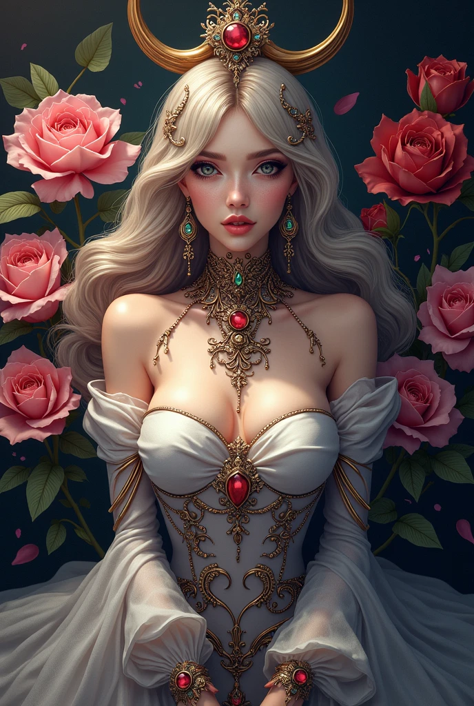 a beautiful albedo woman, highly detailed portrait, intricate facial features, flawless skin, piercing eyes, delicate lips, elegant hair, detailed clothing, complex jewelry, glowing skin, vibrant colors, cinematic lighting, dramatic atmosphere, digital art, photorealistic, hyper detailed, 8k, best quality, masterpiece