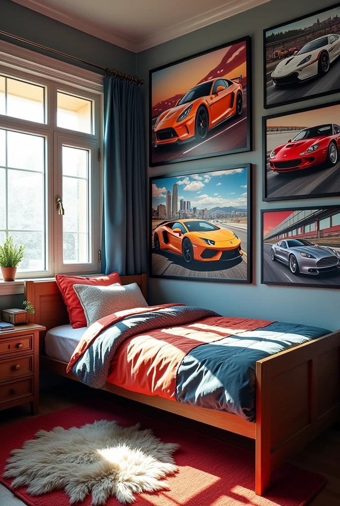 A bedroom with car posters on wall