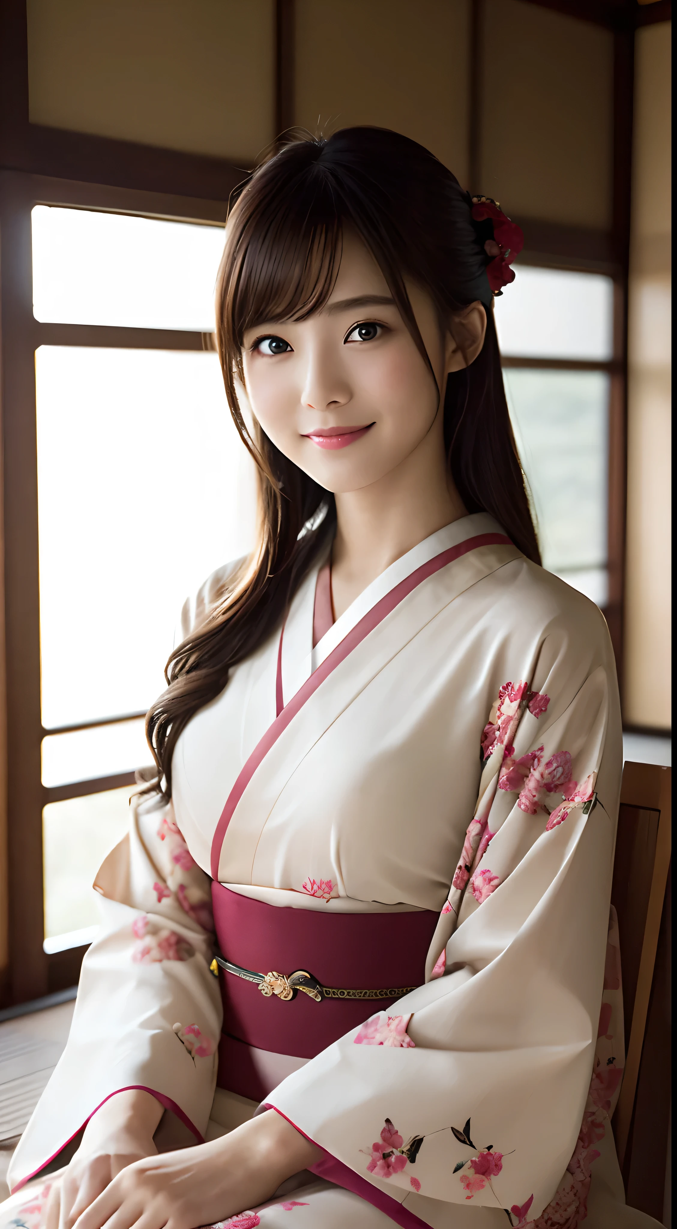 (Photorealistic:1.4), (Top image quality:1.0), (超High resolution:1.0), 8k, Raw photography, (masterpiece:0.2), (Pure Eros Face_v1:0.5)、(最高quality Detail:1.2)、Realisticな、8k ウルトラHD、High resolution、(One Girl:1.2)、超detailedな、High quality textures、Intricate details、detailed、非常にdetailedなCG、High quality shadows、detailed 美しく繊細な顔、detailed 美しく繊細な目、Depth of written boundary、Ray Tracing,One Girl, Japanese girl, cute, thin, Japanese patterned kimono,Floral scrunchie, Beautiful Skin, Look forward,please sit down, Sit up straight「thank you」says,Put your hands together gracefully,The land of Japan smiling faintly,Japanese garden,Luxurious Japanese-style room, Sky Porn, Magic Hour, (Realistic:1.3), 細かくdetailedに, quality, (Tabletop:1.2), (Realistic:1.2), (最高quality), (複雑なdetailed), dramatic, Ray Tracing, photograph, +roller