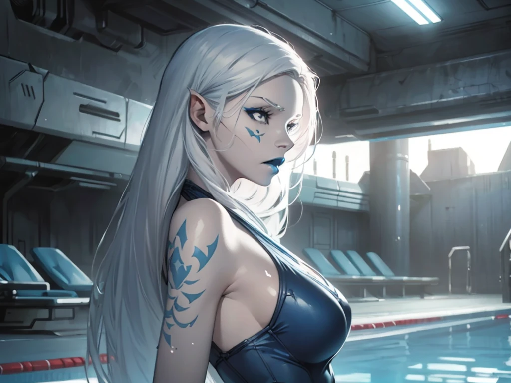 Adult, -detailed face with penetrating gaze, with light blue eyes -long hair, silver with sky blue reflections, - elegant tattoo on her left arm - soft and smooth skin, seductive pose, attractive and athletic, posing super sexy and provocative, 4k realistic anime style.