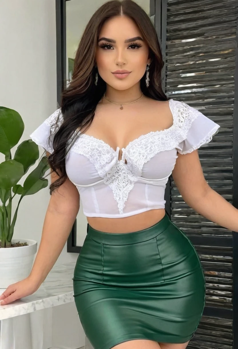 (((high quality:1.2))), Work of art, (8k), extremely detailed, ((High detail:1.2)) ((best resolution)), Solo, ((young mexican female)), (blouse, pencil skirt), (hot perfect hourglass-shaped body), (medium round breasts),