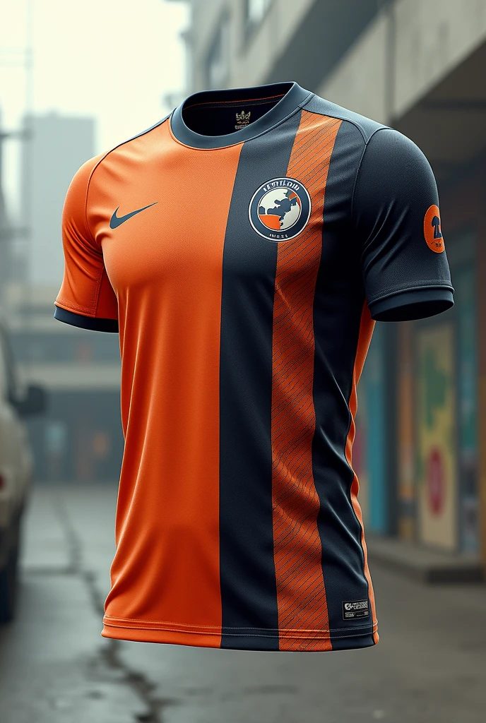 Design a street style football shirt under the brand name EarthFootball with stripes.