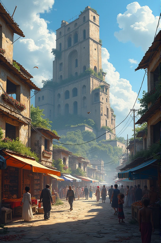 ruined building and lively population around it