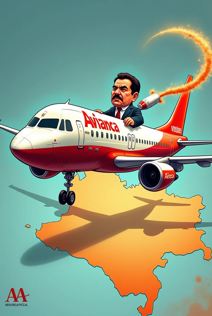 Cartoon of a white and red Avianca plane driven by Nicolas Maduro spraying gasoline on the map of Colombia
