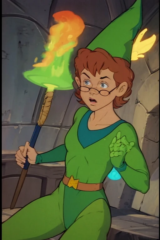a redhead cartoon character, wonder woman outfit, green leotard, very muscular,  male wizard, 1980s cartoon, animated episode still, Presto (((mad))), ((Wears a wizard hat))