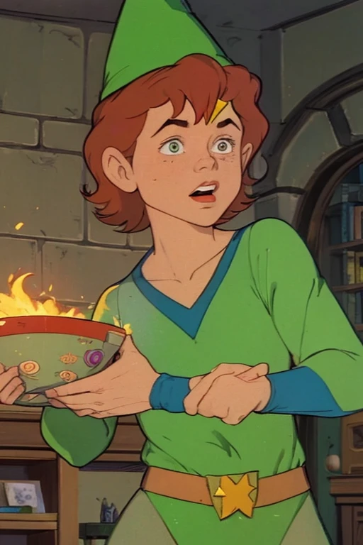 a redhead cartoon character, wonder woman outfit, green leotard, very muscular,  male wizard, 1980s cartoon, animated episode still, Presto (((mad))), ((Wears a wizard hat))