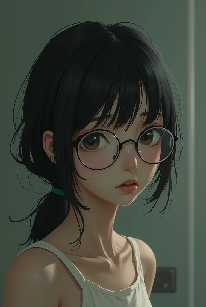 a brunette girl, with glasses, With slanted eyes, Waist-length hair and eating disorders 