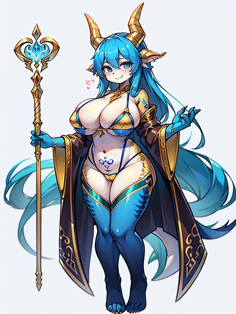 Busty female reptile, Covered with shiny blue scales. golden dragon horn,Wearing a smooth and simple golden sexy bikini robe. . .，Holding a long staff，Posture straight，Full body portrait，Expression smile，Large Breasts，Pure white background，Very Very Intricate Uterus Tattoo,