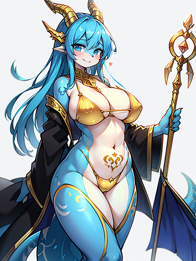 female reptile, Covered with shiny blue scales. golden dragon horn,Wearing a smooth and simple golden sexy ini robe. . .,Holding a long staff,Posture straight,Full body portrait,Expression smile,Large Breasts,ite background,Very Very Intricate Uterus Tattoo,