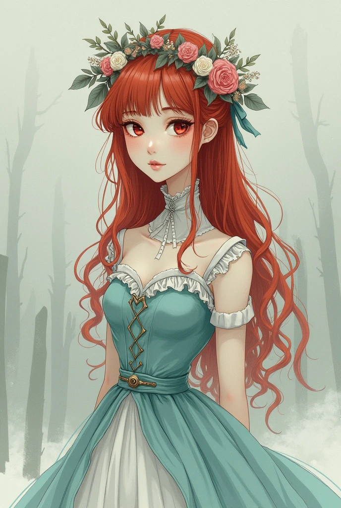 Drawing delicate lines, sketch, romantic, cold colors, 


Thin teenager, young, gentle ,with delicate features. Long red hair with waves, red pupils, Long straight hair, abundant, fine rostrum, delicate body.

clothing details: She wears a knee-length Victorian Lolita dress, white and turquoise, with high neck and thin arms uncovered, lace hat to protect her from the sun. 

Accessories: Crown of flowers
