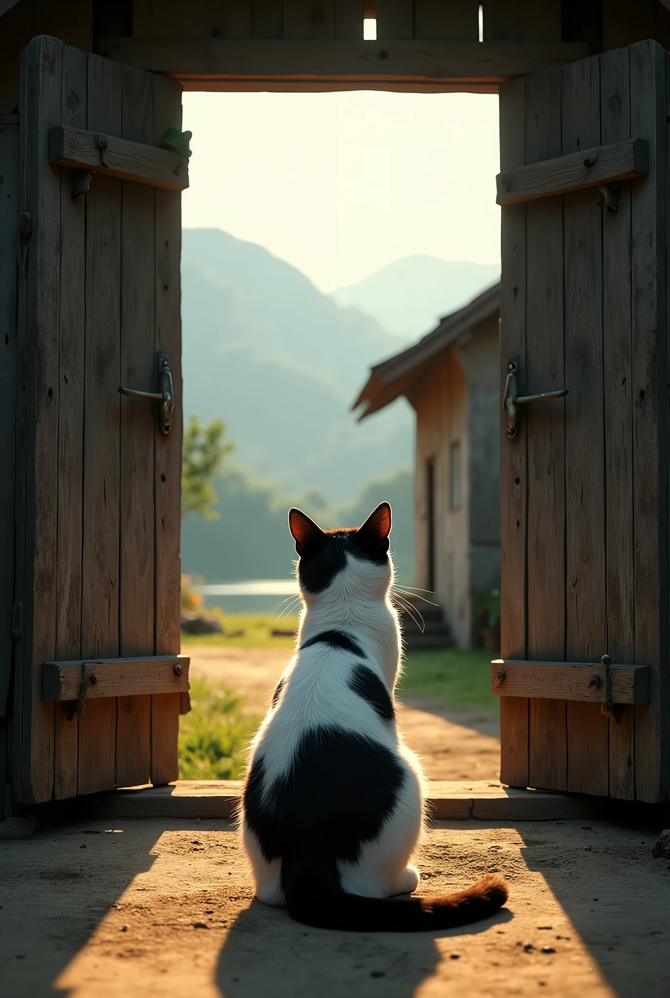 (Photorealism 1.2) high detailed definition cinematic cinematography white black cat sit at middle of the door looks outside background Malay Kampong village morning mode mountain lake old rusty wood house sunlight silhouette