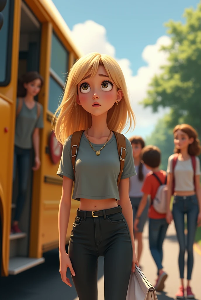 A blonde age girl with light brown eyes wearing a short gray blouse and tight pants getting off a school bus with some students behind her talking in surprise, the teen has a look of astonishment as if she is reflecting on something, the weather is cloudy and the clouds are gray, disney pixar style .