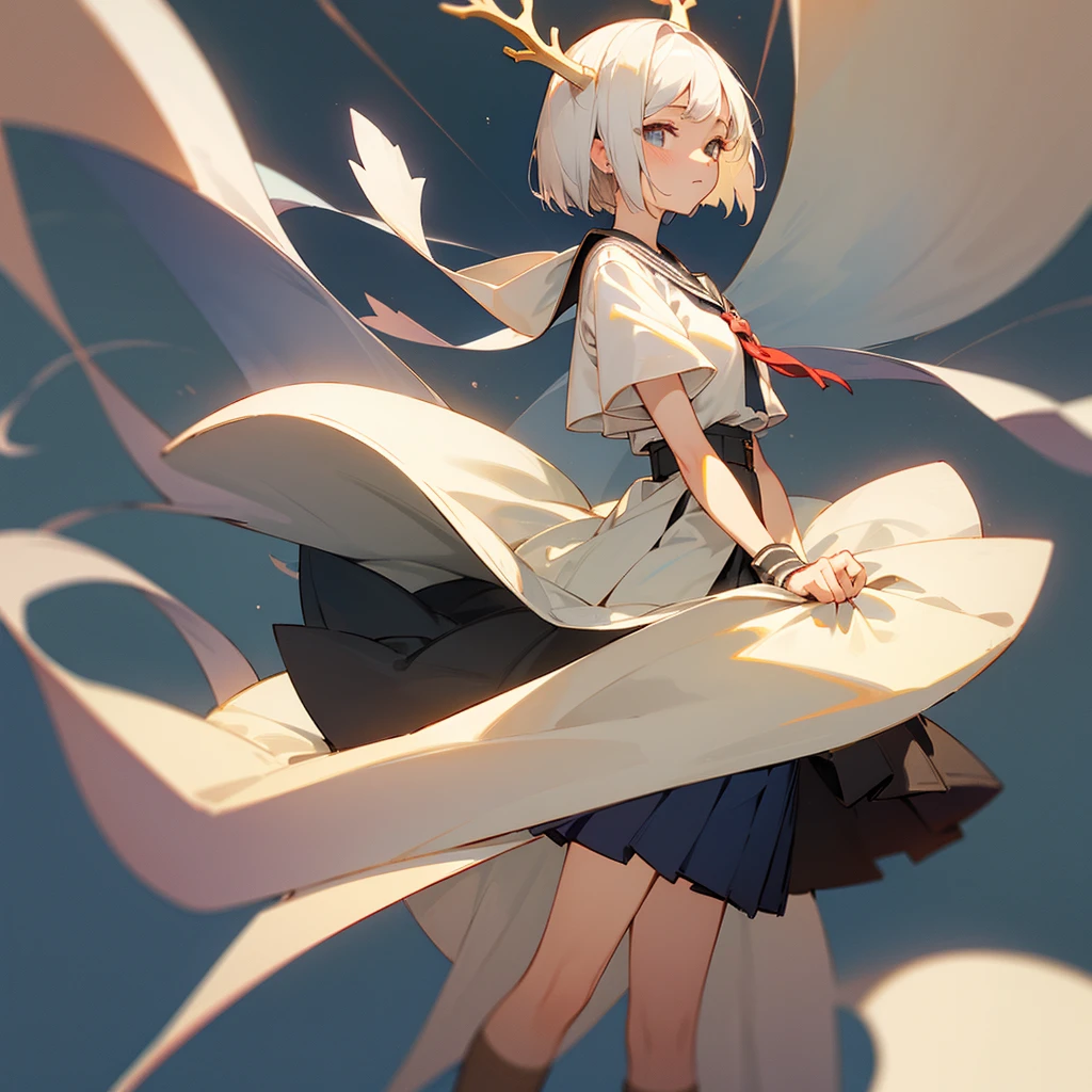 A highly detailed anime-style illustration of a young girl with short, white hair styled in a bob cut, where several strands are highlighted in soft pastel pink. Her hair is slightly tousled, giving it a natural, slightly messy look that adds to her charm. The girl’s eyes are deep black, with a gentle sparkle that contrasts with her otherwise tired appearance. Despite the visible signs of fatigue, such as faint dark circles under her eyes, she wears a soft, content smile, exuding a sense of peaceful happiness. Her expression conveys a mix of exhaustion and satisfaction, as if she’s content after a long day but still full of warmth.
She is wearing a traditional Japanese school uniform, consisting of a crisp white sailor-style blouse with a soft, light blue scarf tied neatly at the neck, and a pleated dark blue skirt that falls just above her knees. The uniform is slightly wrinkled, suggesting she’s been wearing it all day, adding to the authentic, lived-in feel of the character. On her feet, she wears knee-high white socks, slightly loose at the top, and comfortable-looking brown loafers that show slight signs of wear, hinting at her active lifestyle.
One of her most distinctive features is the large, elegant antlers that extend from either side of her head. The antlers are a soft, light brown, almost beige color, with smooth curves and subtle textures that make them look both natural and majestic. They are intricately detailed, with subtle shading to highlight their shape and structure, seamlessly blending into her overall appearance.
The girl is standing in a relaxed pose, with her legs slightly apart for balance. Both of her hands are raised in front of her, forming a 'peace' sign with her fingers. Her stance is casual and slightly tilted to one side, conveying a sense of ease and informality. The background is simple and unobtrusive, ensuring that the focus remains entirely on the character. The lighting is soft and warm, casting gentle shadows that add depth