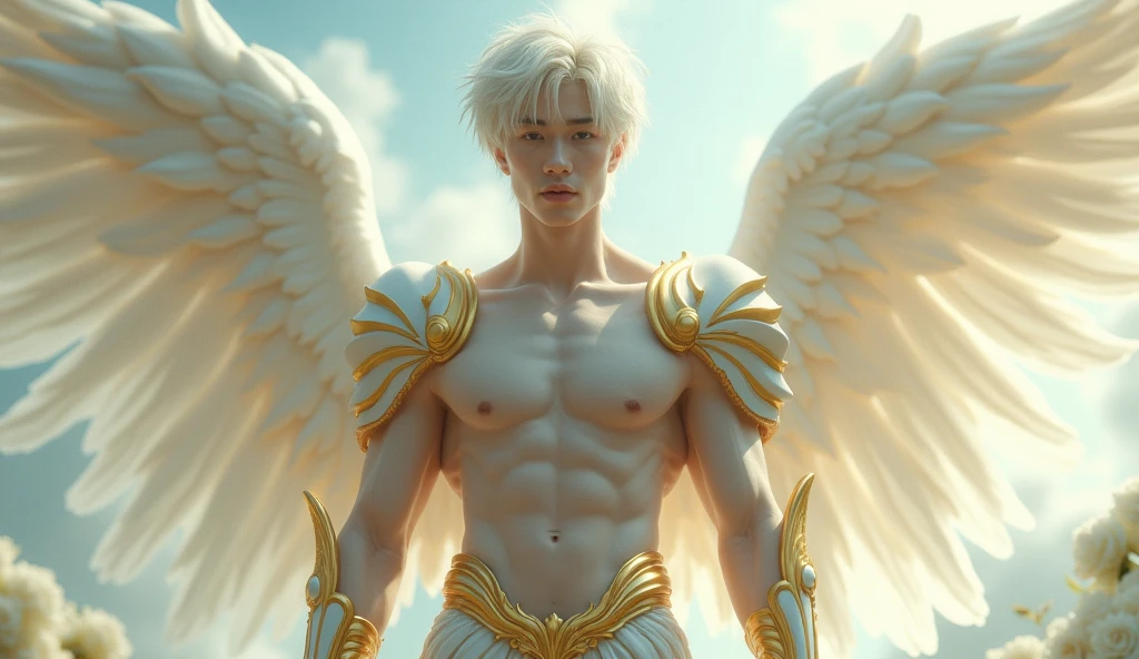 A gentle, white-winged male Asian feature albino angel (simple design) - Soft colors, with a subtle glow, white wavy 8" hair, white skin, light blue color eyes, most handsome masculine male angel, 11'0" tall, white and gold large wings, built-in gold armor on chest and arms, large muscular biceps, large thighs, chiseled ads, define jawline, pearl white lower garment, 32K UHD, masterpiece, best quality, style raw, walking through an enchanted garden of Eden. - Ethereal background, with a subtle texture, chest, lined with gold, Large white and Gold wings. the angel is a man