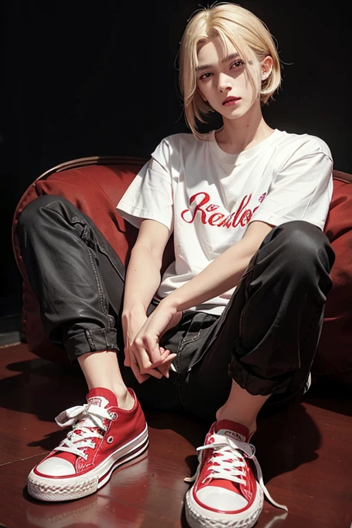 HD, a boy with up to neck-length loose blonde hair, red eyes and fangs, wearing a scarlet red clean shirt, black trousers and red converse-type shoes