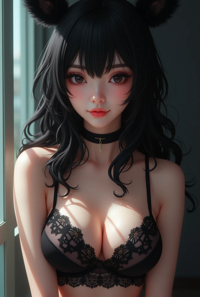 @BunnyAyu, BunnyAyumi \(Person)\, masterpiece, 1girl, ((portrait shot)), black eyes:1.5, nose, black hair, eyeliner, closed mouth, looking at viewer, lingerie