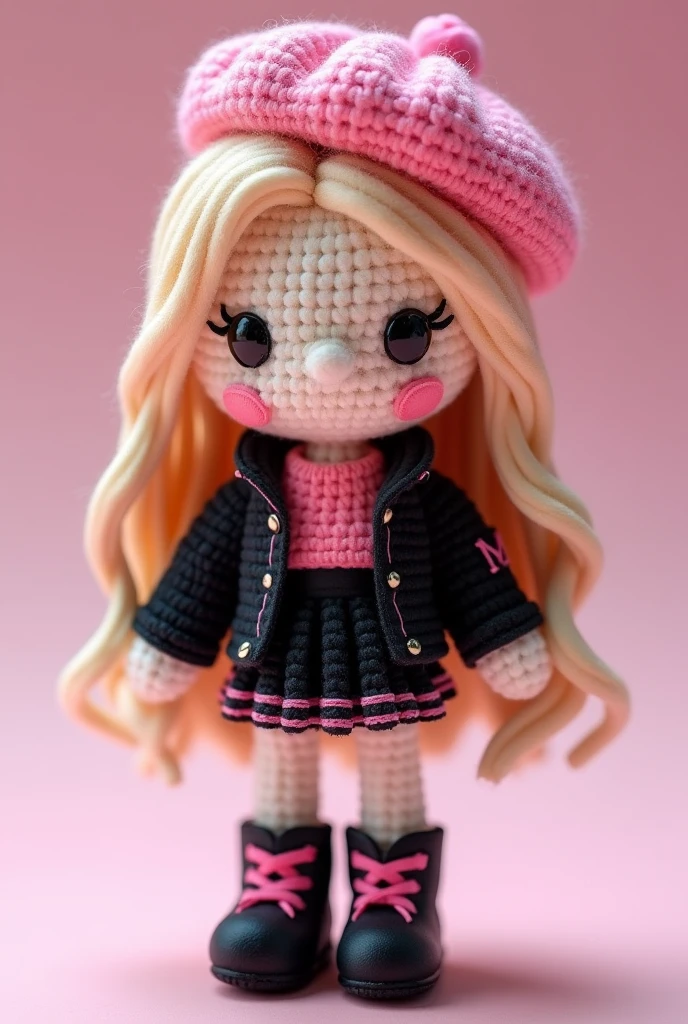 amigurumi, chibi-style,  Rosé from Blackpink, with her long, ash-blonde hair styled in soft, loose waves that fall to her waist. She’s wearing a chic pink top with a black jacket draped over her shoulders, paired with a black pleated skirt with pink details. She has a cute pink beret tilted to one side of her head. She stands confidently, wearing black combat boots with pink laces, radiating her cool and artistic charm.