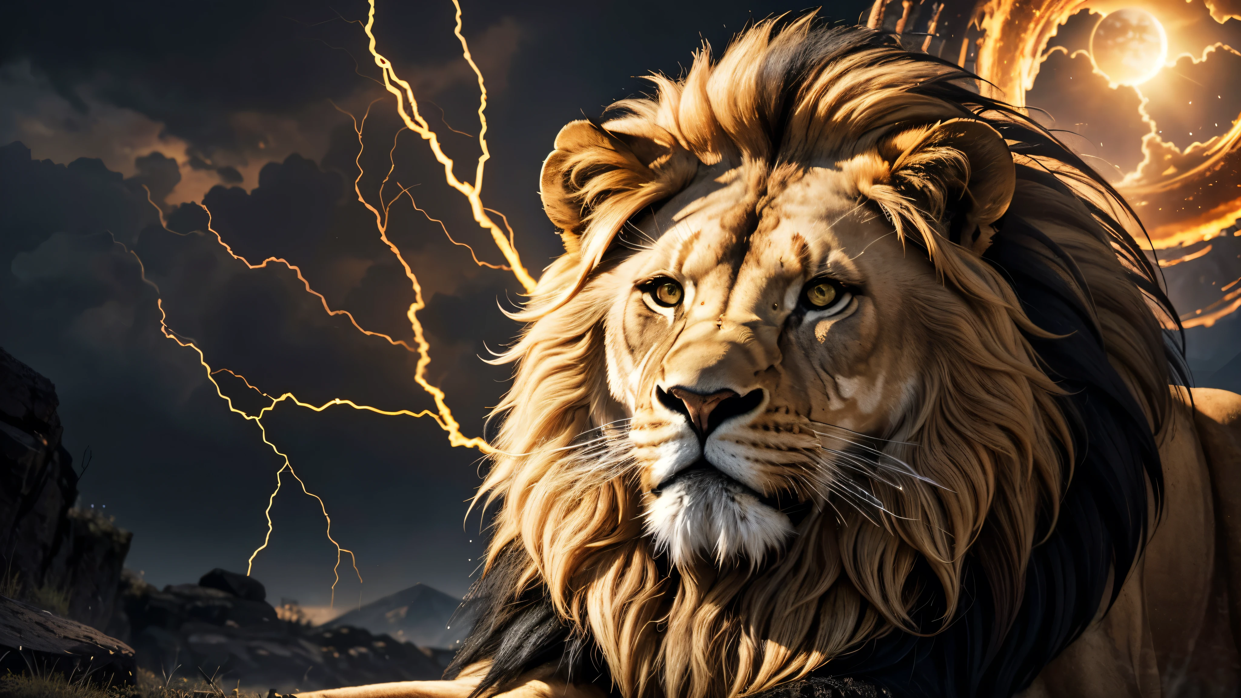 Lion, Divine Lion, naturals, naturals, ferocious, masculine, mighty, golden lion, Powerful Lion, beautiful nature, Great Realistic Lion, FullHD 8k, Light of sky, twilight, ferocious, Criatura ferocious, furious lion, Detailed Realistic Lion, Ultra Realistic HD Light, Photorealistic Detailed Shadows, UltraHD Photorealistic Definition, sunset night, Clear sky Sun, golden black, black andwhite, black and gold, detailed realistic face, 8k Detailed Realistic White Lion, ultrarealistic 8k |Energia de thunder realista detalhada, Strong Creature realista detalhada, Strong Creature, Lion macho, Rendering, Fotorrealista 8k, UltraHD Alta definição 8k, Detailed Realistic 16k, Nitidez Fotorrealista 8k, 16K photorealistic textures, Contraste Fotorrealista 8k, Sombras Fotorrealistas 8k, Luzes Fotorrealistas 8k, Detailed Realistic Sunset, Detailed Realistic Lion Face, Detailed realistic light, detailed textures, thunder, detailed shadows, detailed colors, Celestial Electricity, Golden thunder, Lion realista, Ultra Realistic 16k, Realistic 16k, Realistic 16k sharpness, 16K photorealistic textures, 16K realistic colors, powerful creature, Majestic power, Power of Heaven, Great Divine, detailed contrast, realistic contrast, high resolution, detailed colors, fire, villany, divine creature, 8k, realistic detailed, 16K, 8k, High definition, detailed contrast, realistic contrast, high resolution, detailed colors, fire, villany, divine creature, realistic detailed, posh, chic