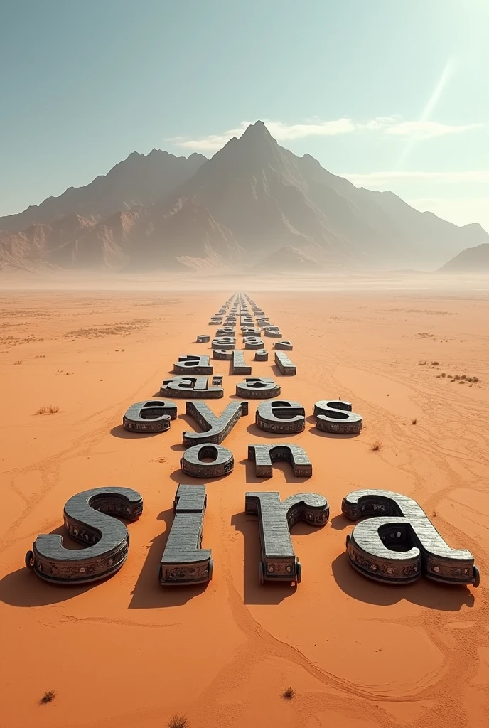 Create an image of a vast desert landscape with
numerous cars arranged to form the text 'ALL
EYES ON sira signifying a significant event
or gathering in sira that is attracting
widespread attention. The scene should
illustrate the extent and influence of human
activities on natural environments." And
mountain in background