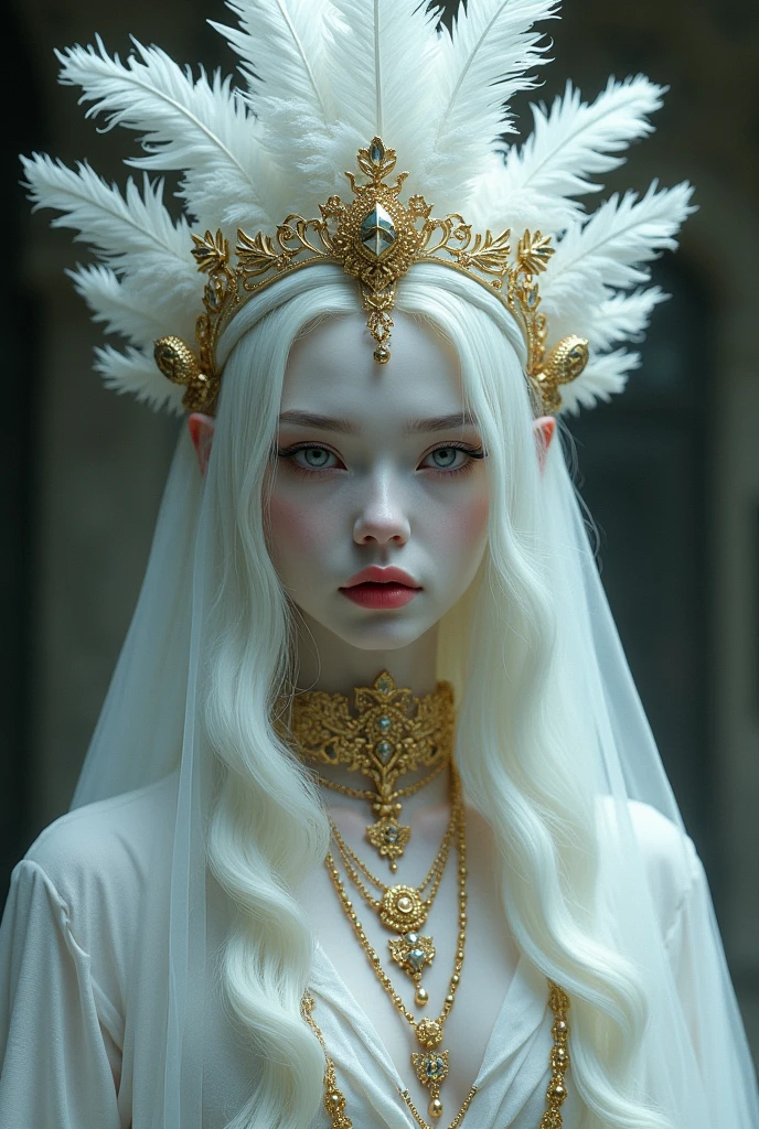 Drawing style like a dark fantasy, Bad-faced woman with small, slanted, almost red pink eyes but with totally albino white hair and eyelashes with skin as pale as snow, She wears a white mesh in the middle of her face that covers her face a little and a feather headdress on top of her hair., elegant white clothes like a duchess, clothes full of gold accessories. His expression is almost always arrogant.