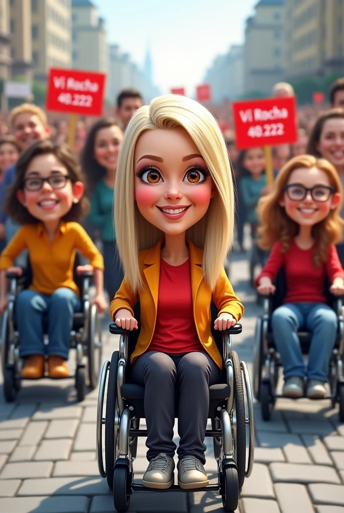  caricature of a 30-year-old white woman with brown eyes wearing red and yellow clothes and straight light hair in a wheelchair with a crowd of normal people in caricature and two wheelchair users in front in caricature dressed in yellow and red behind her holding signs with the name Vi Rocha 40.222 with the color red 