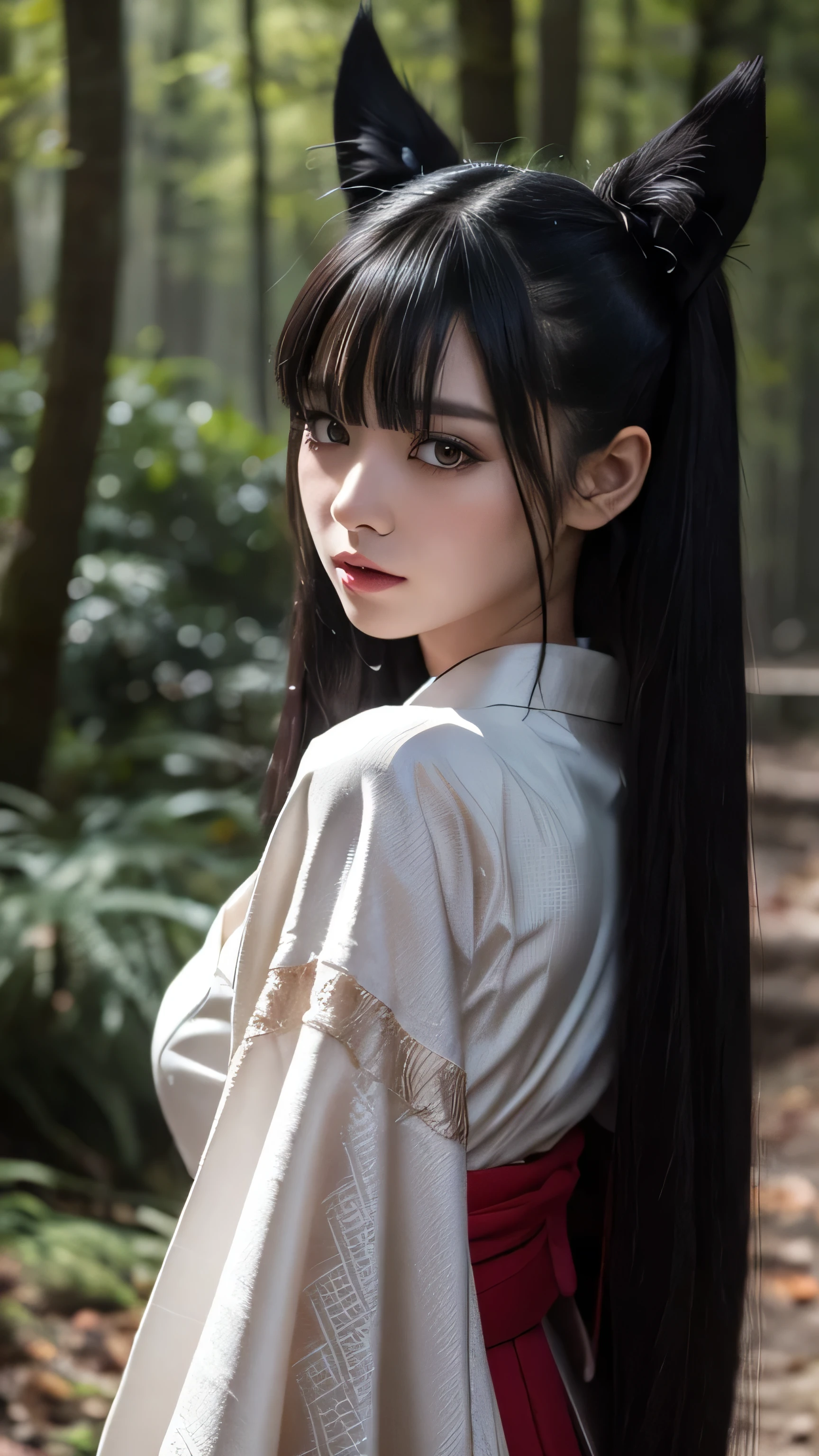 **Prompt:** Create an ultra-realistic 8K resolution image of a character that perfectly fuses the iconic features of the Chupacabra with the delicate beauty of a Japanese girl. This character has an otherworldly charm, with soft, pale skin that carries a faint, greenish tint, subtly hinting at her supernatural origins. Her large, glowing crimson eyes are captivating and mysterious, blending the Chupacabra’s predatory intensity with a softer, more alluring gaze.
Her hair is long and dark, cascading down her back in silky waves, with a few strands styled to mimic the Chupacabra’s distinctive spines, giving her an edgy, unique look. Her face is a perfect balance of sharp, predatory features and delicate beauty, with slightly pointed ears and small, sharp fangs that peek out when she smiles.
She wears a modern yet traditional outfit, a blend of a kimono and street fashion, featuring dark colors and intricate patterns that reflect her dual nature. The outfit is adorned with subtle, scale-like textures and motifs that echo her Chupacabra heritage. The background is set in a misty, moonlit forest, where shadows and light play together to create an atmosphere of both beauty and danger. This character embodies the perfect fusion of the Chupacabra’s mysterious, eerie nature with the elegance and grace of a Japanese girl, resulting in a captivating and unique figure.