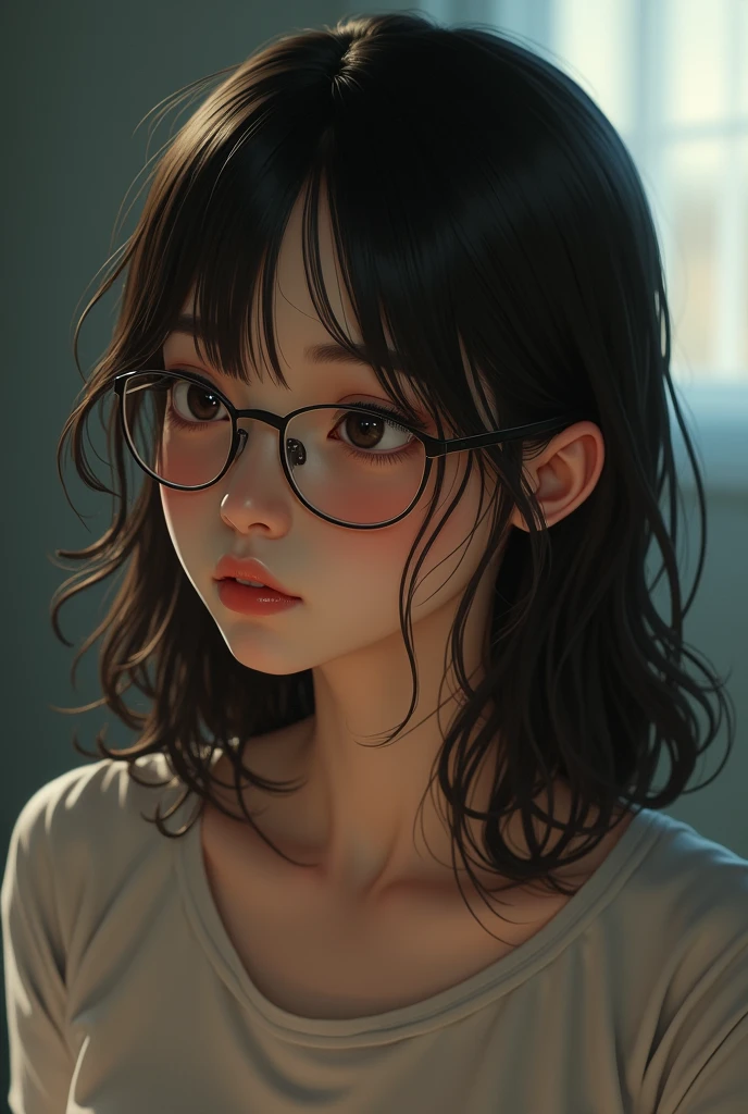 a brunette girl, with glasses, With slanted eyes, Waist-length hair and eating disorders, realist