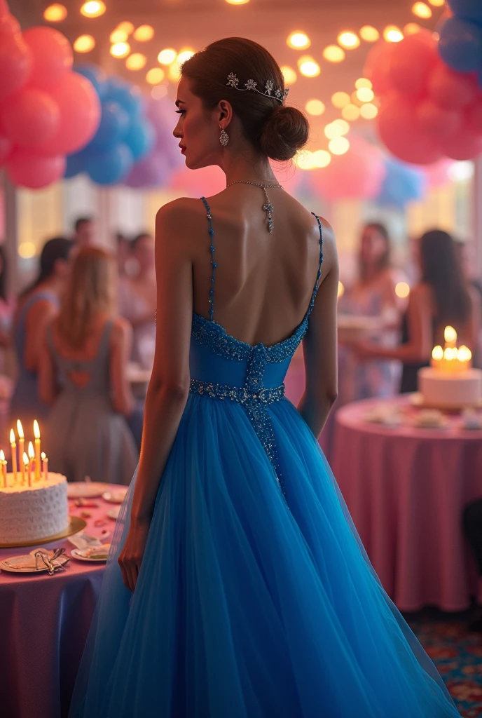 A woman wearing an elegant and blue dress. Small handles, party scenery with birthday cakes, colorful colors