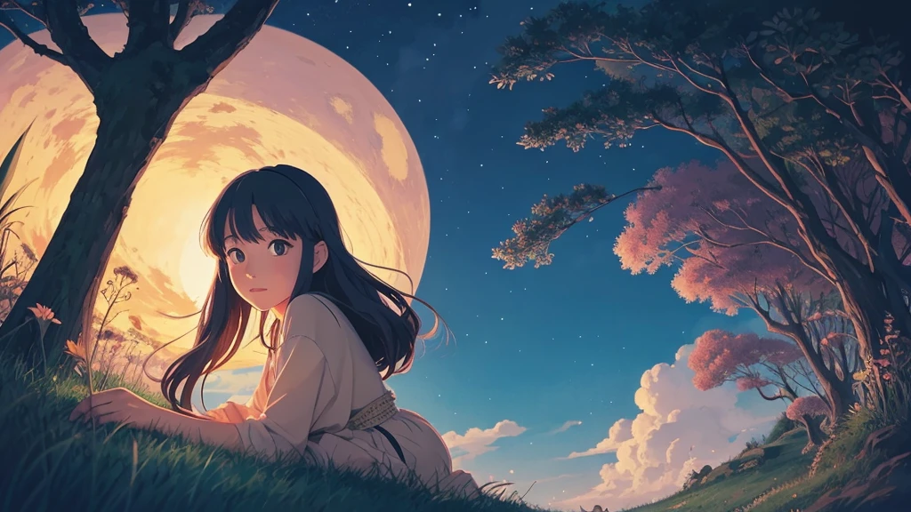 Ghibli style anime woman、nature、Ghibli-style illustrations、night